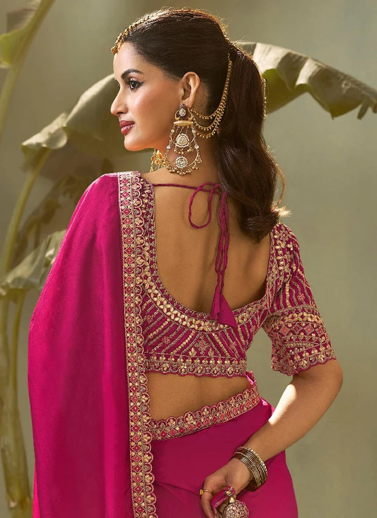 Nayoora Dark Hot Pink Silk Gota Patti Embroidered Designer Saree