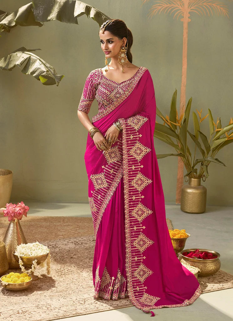 Nayoora Dark Hot Pink Silk Gota Patti Embroidered Designer Saree
