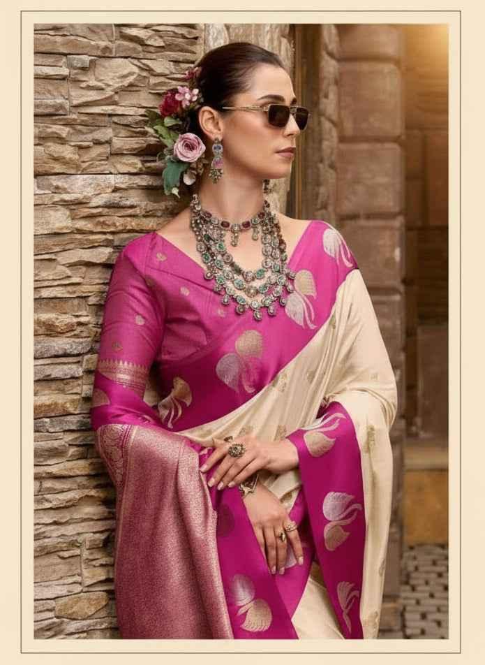 Woman wearing pink and cream silk saree with floral motifs, statement jewelry, and sunglasses against stone wall