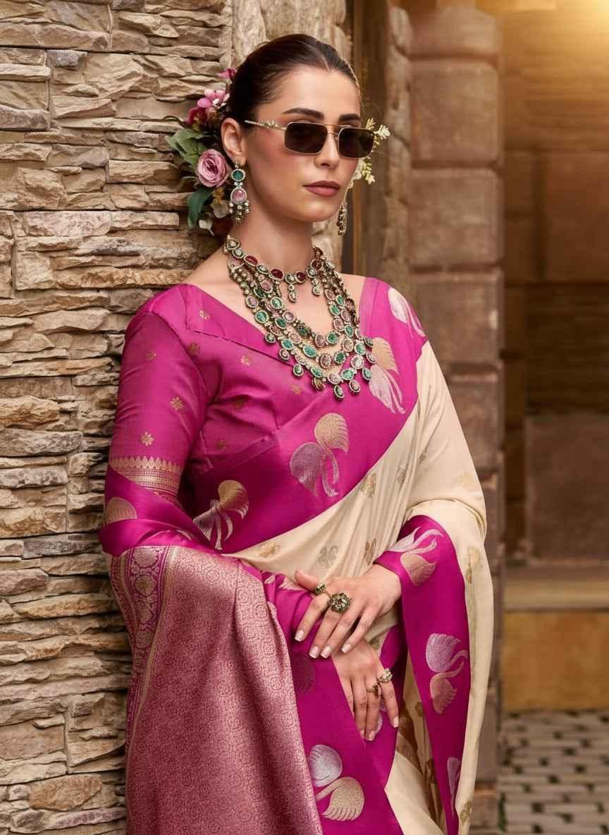 Woman wearing pink and cream satin silk saree with intricate gold floral motifs and traditional jewelry
