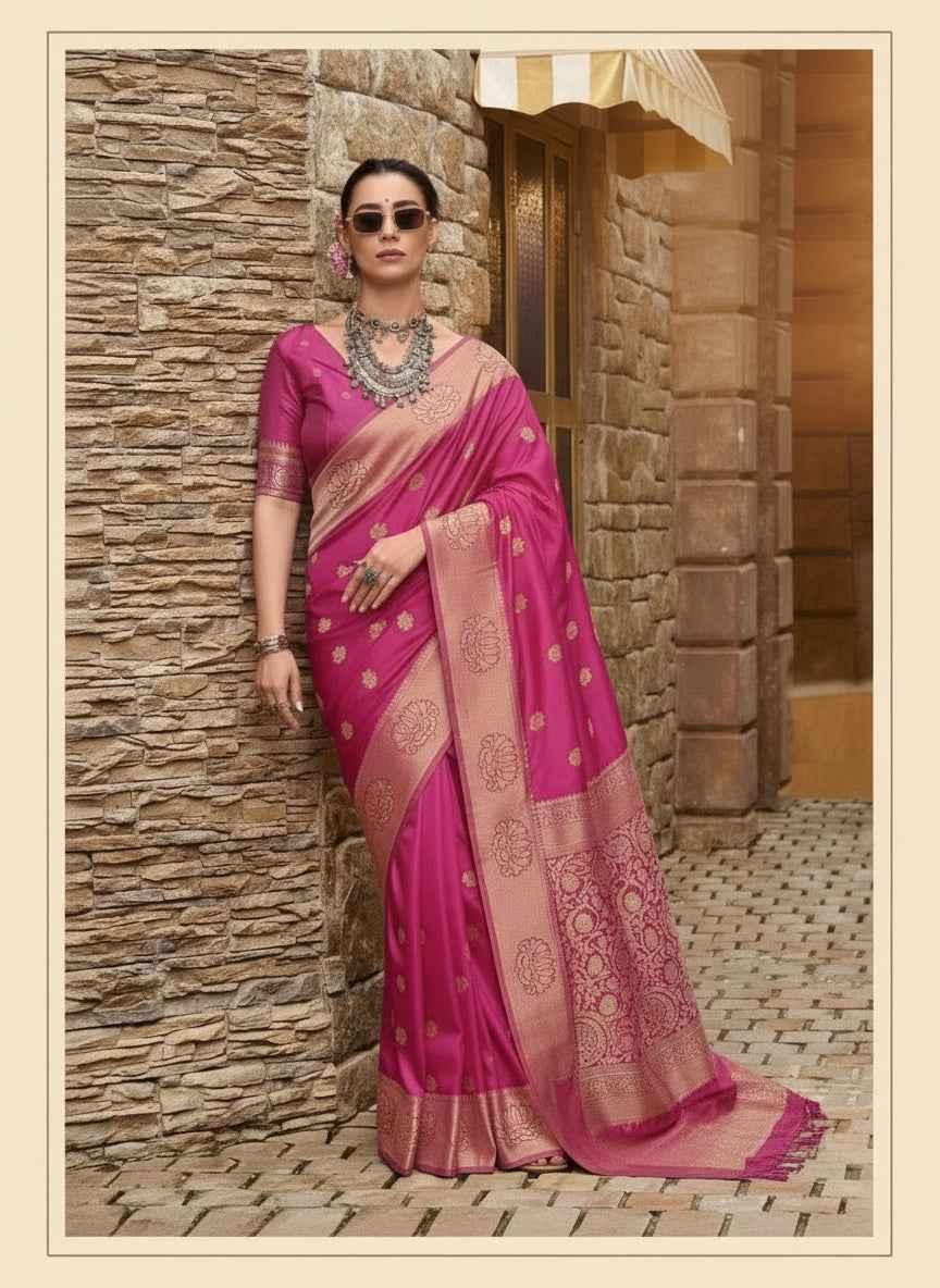 Woman wearing a pink silk saree with gold floral border, standing by a stone wall outdoors