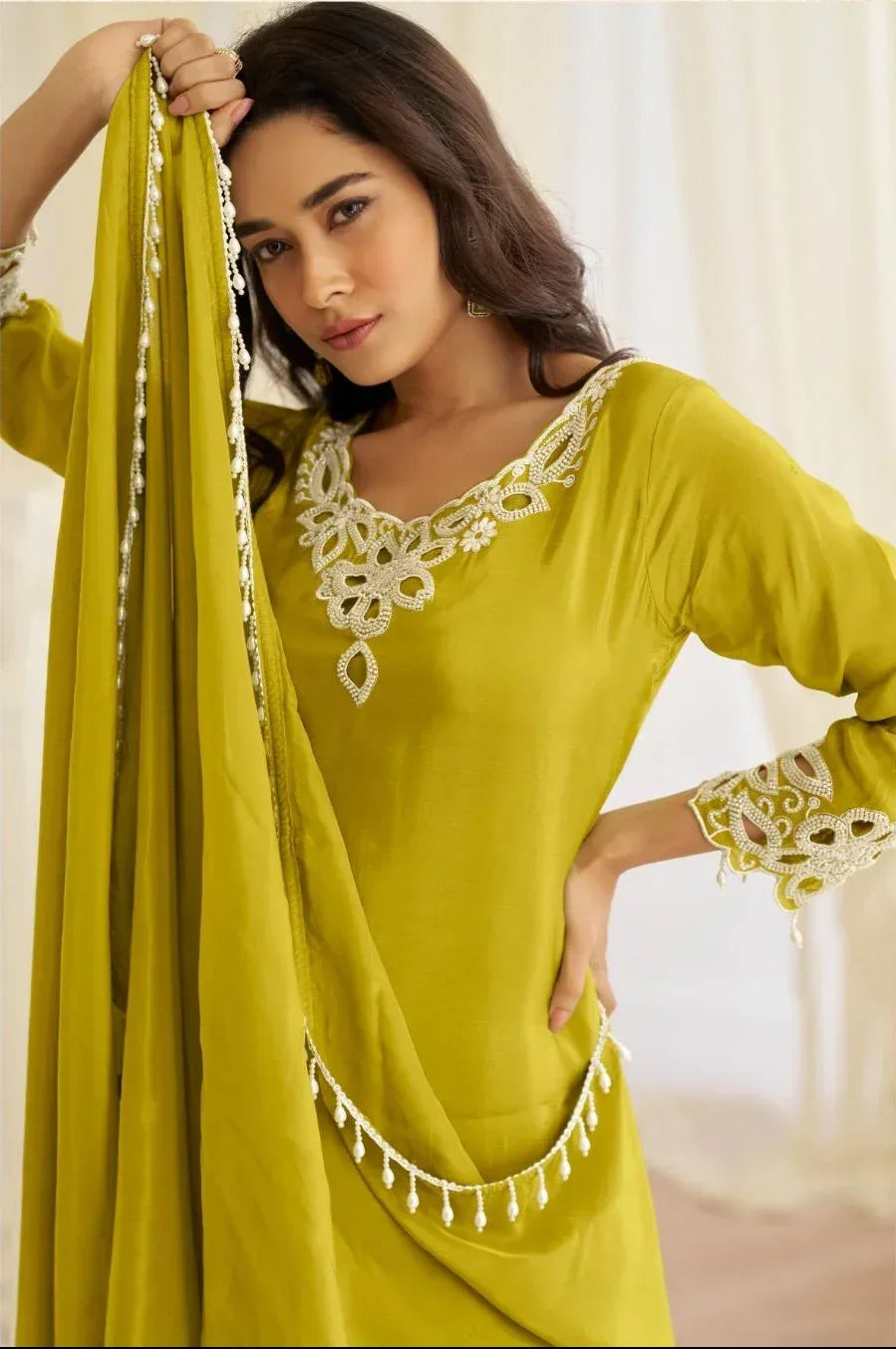 Nayoora Luxe Lime Green Crepe Silk Beads Work Farsi Suit - Nayoora