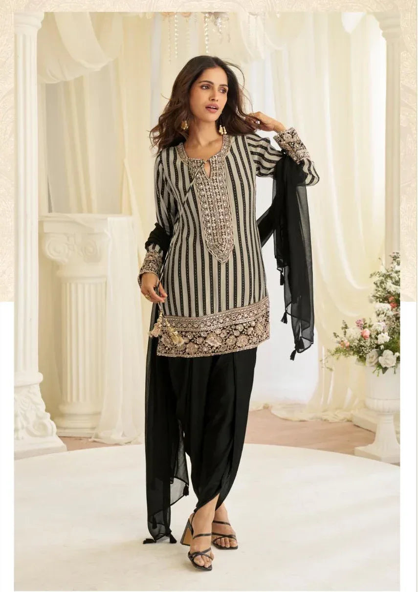 Nayoora Luxe Grey Striped Crepe Silk Bead Work Farsi Suit - Nayoora
