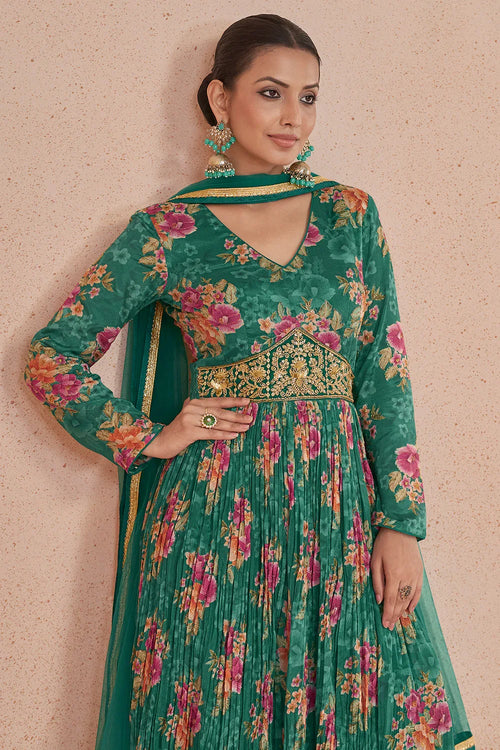 Nayoora Luxe Teal Green Floral Printed Georgette Anarkali Suit with Embroidered Belt - Nayoora