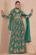 Nayoora Luxe Teal Green Floral Printed Georgette Anarkali Suit with Embroidered Belt - Nayoora