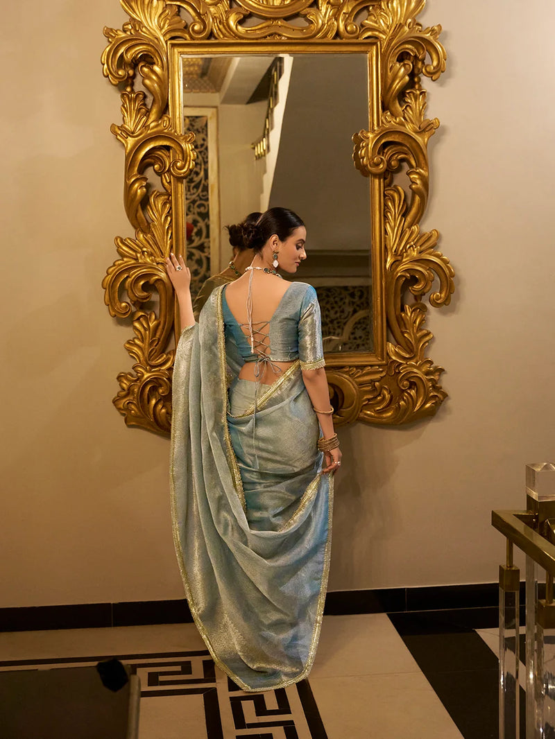 Nayoora Sky Blue Tissue Shimmer Saree with Zari Weaving & Sequins Lace Border