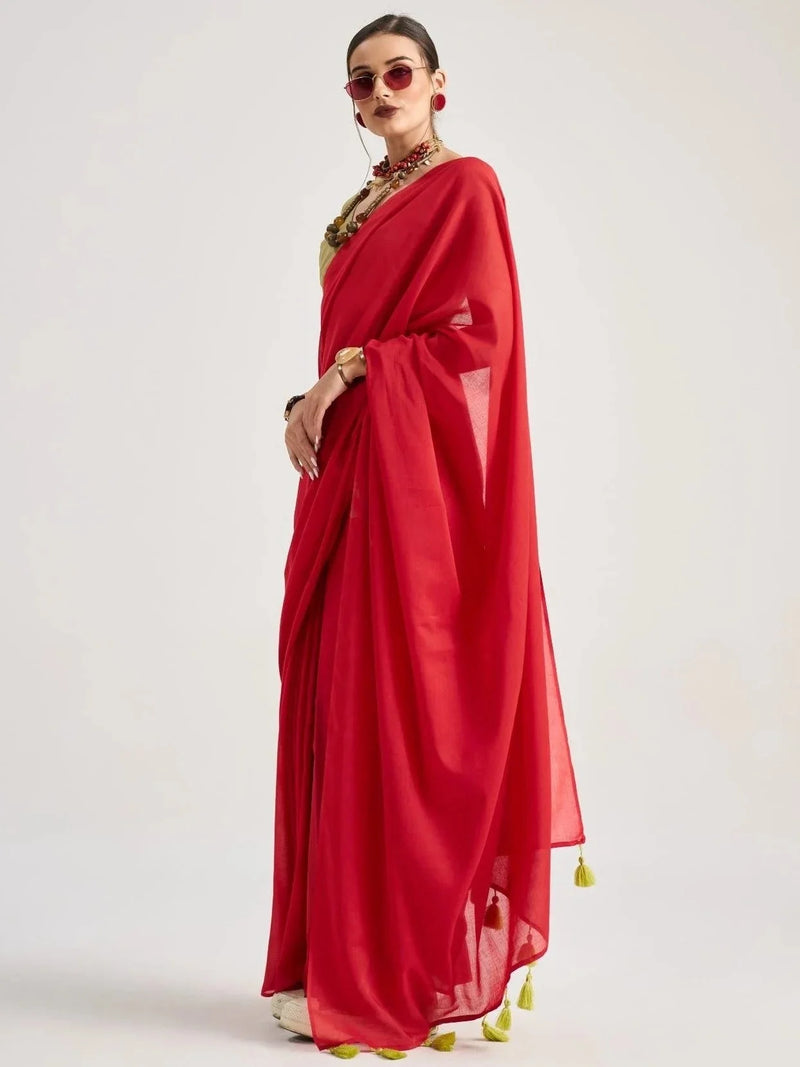 Nayoora Scarlet Red Viscose Mul Liva Saree with Olive Green Blouse & Tassel Pallu