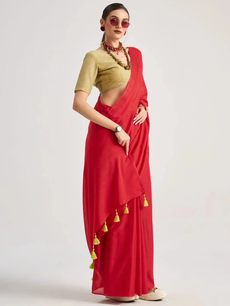 Nayoora Scarlet Red Viscose Mul Liva Saree with Olive Green Blouse & Tassel Pallu