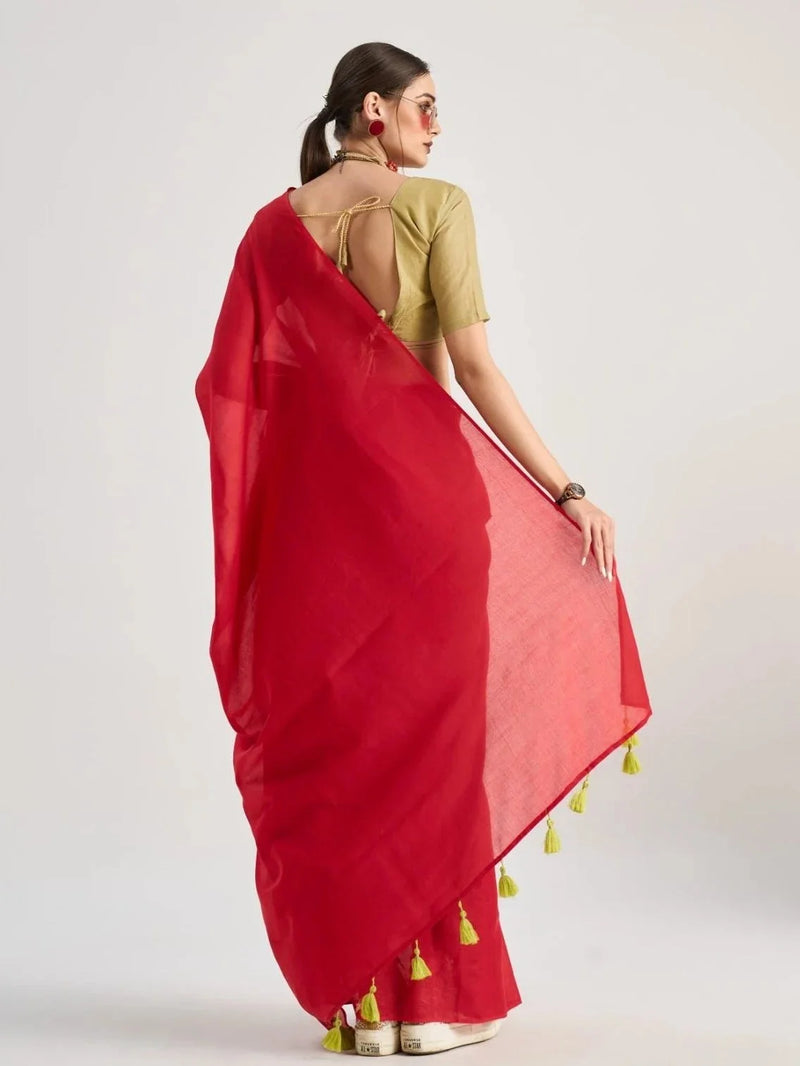 Nayoora Scarlet Red Viscose Mul Liva Saree with Olive Green Blouse & Tassel Pallu