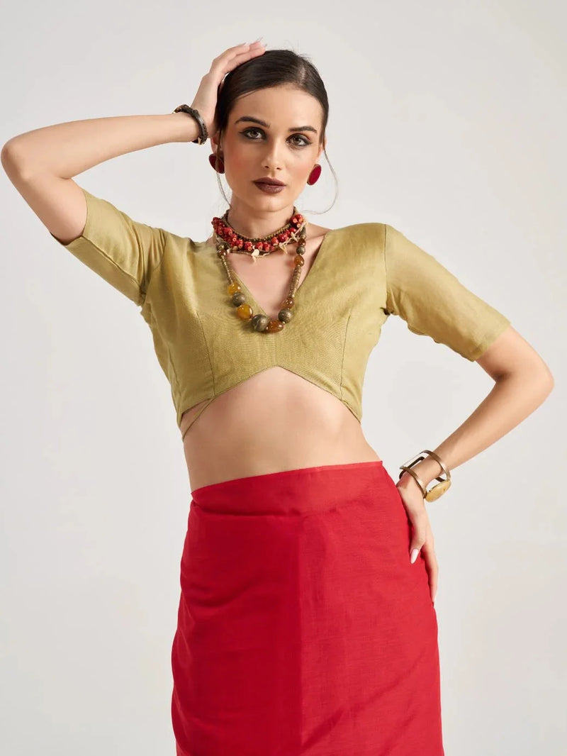 Nayoora Scarlet Red Viscose Mul Liva Saree with Olive Green Blouse & Tassel Pallu