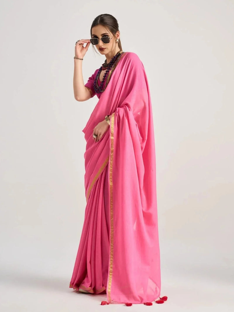 Nayoora Hot Pink Viscose Mul Liva Saree with Gold Border & Tassel Pallu