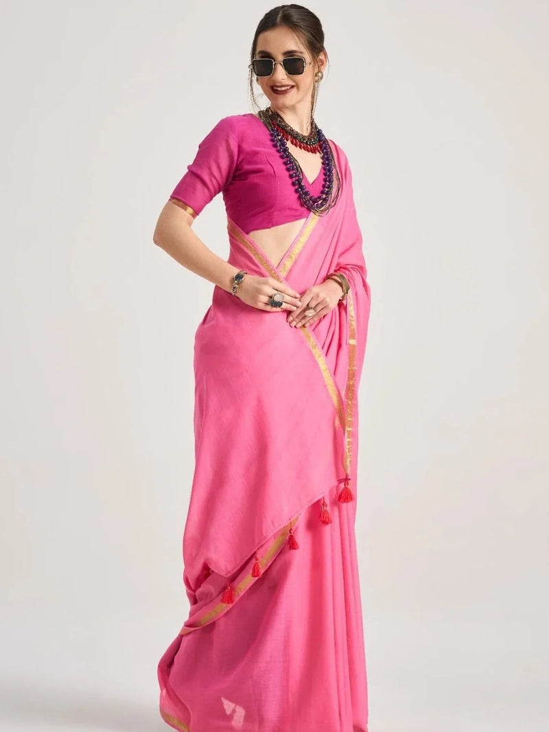 Nayoora Hot Pink Viscose Mul Liva Saree with Gold Border & Tassel Pallu