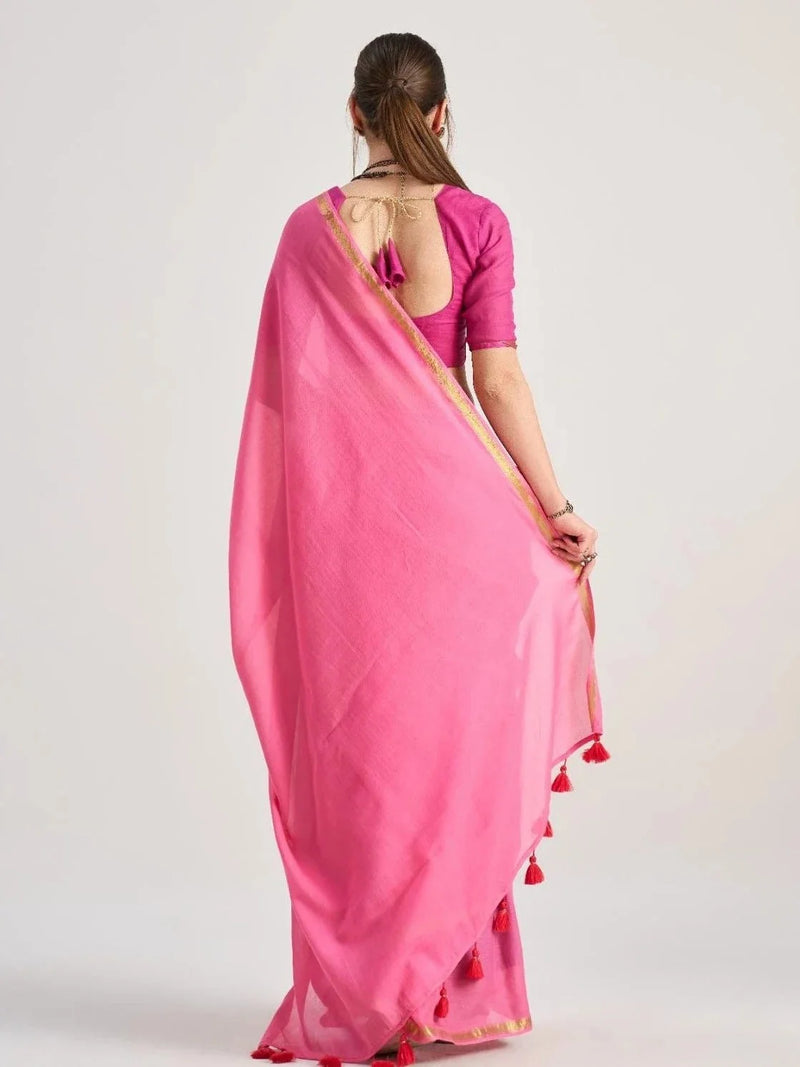 Nayoora Hot Pink Viscose Mul Liva Saree with Gold Border & Tassel Pallu