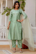 Nayoora Mint Green Silk Blend Embroidered Kurta Pant Set with Embroidered Dupatta