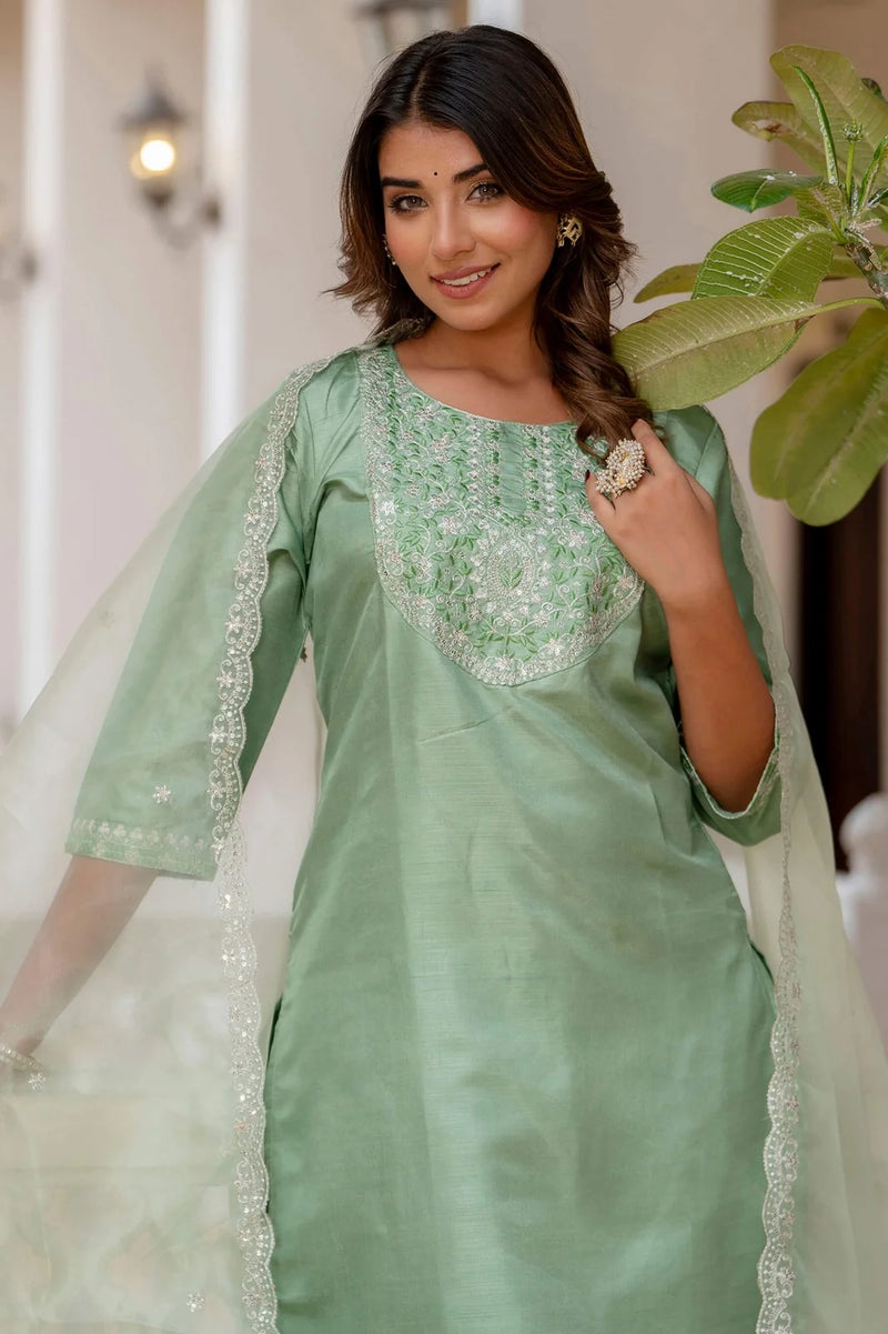 Nayoora Mint Green Silk Blend Embroidered Kurta Pant Set with Embroidered Dupatta