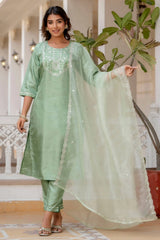 Nayoora Mint Green Silk Blend Embroidered Kurta Pant Set with Embroidered Dupatta
