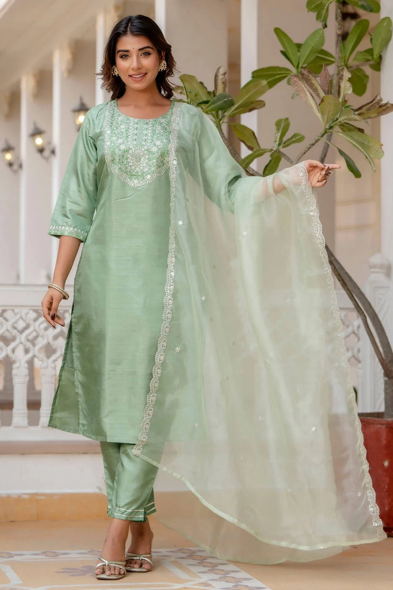 Nayoora Mint Green Silk Blend Embroidered Kurta Pant Set with Embroidered Dupatta