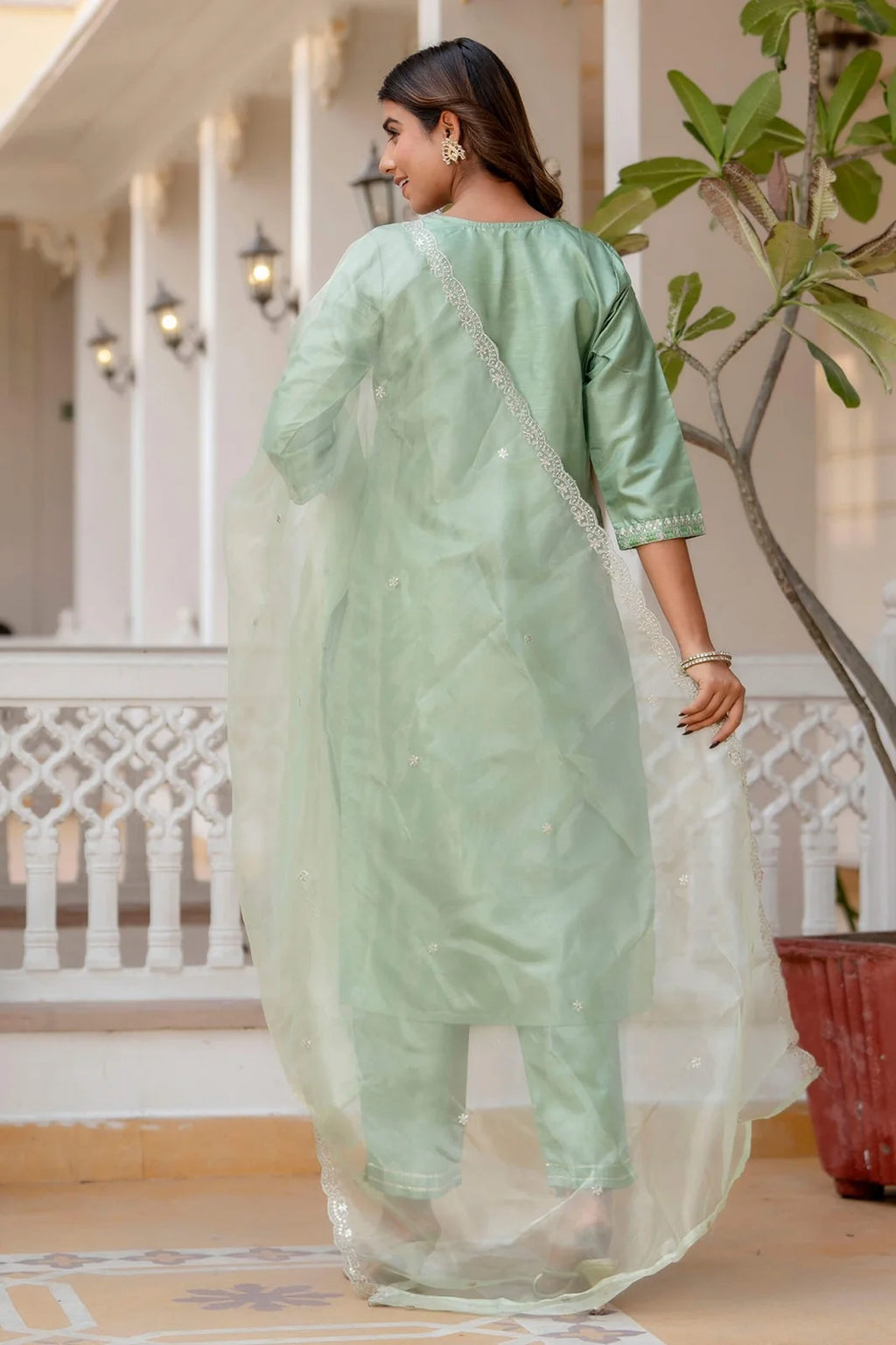 Nayoora Mint Green Silk Blend Embroidered Kurta Pant Set with Embroidered Dupatta