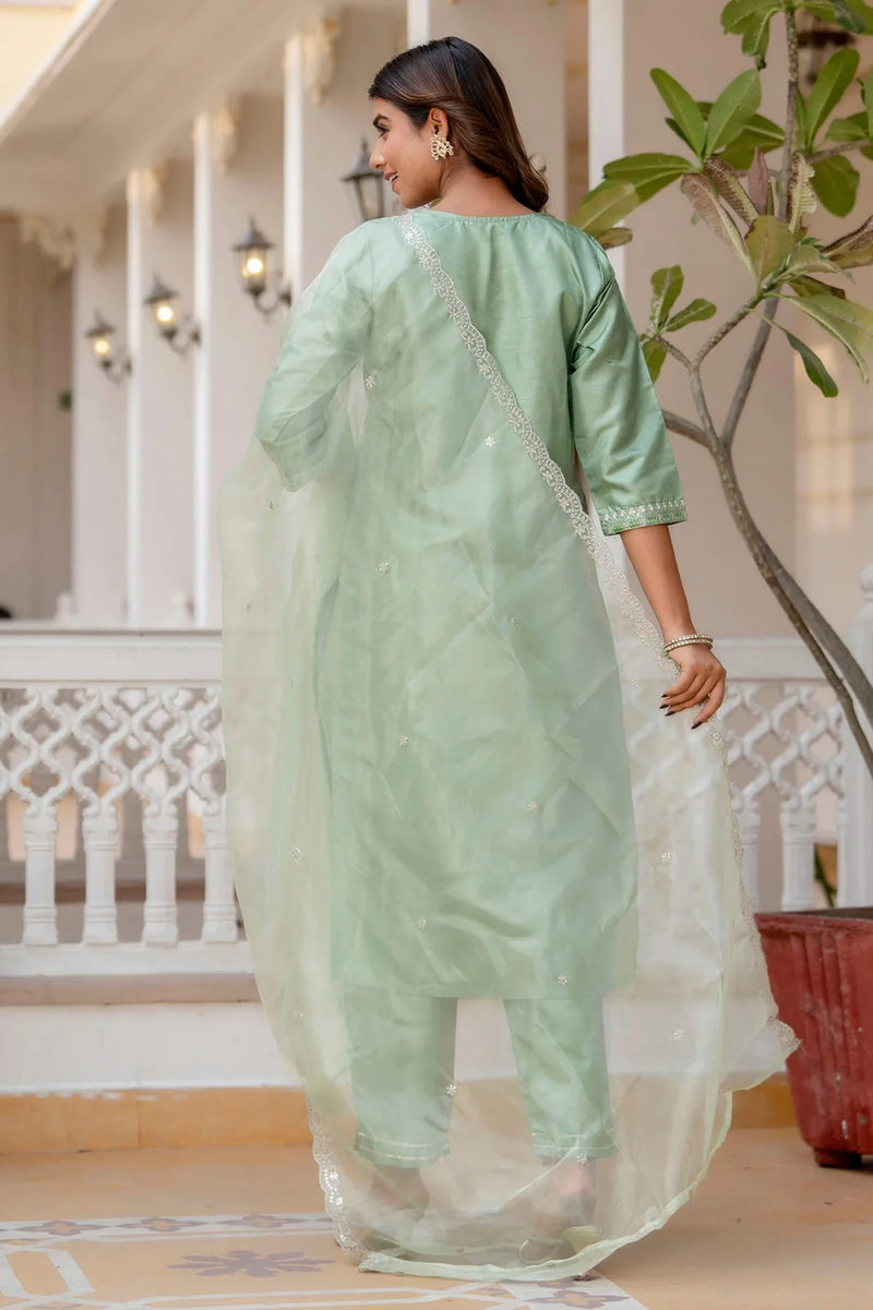 Nayoora Mint Green Silk Blend Embroidered Kurta Pant Set with Embroidered Dupatta