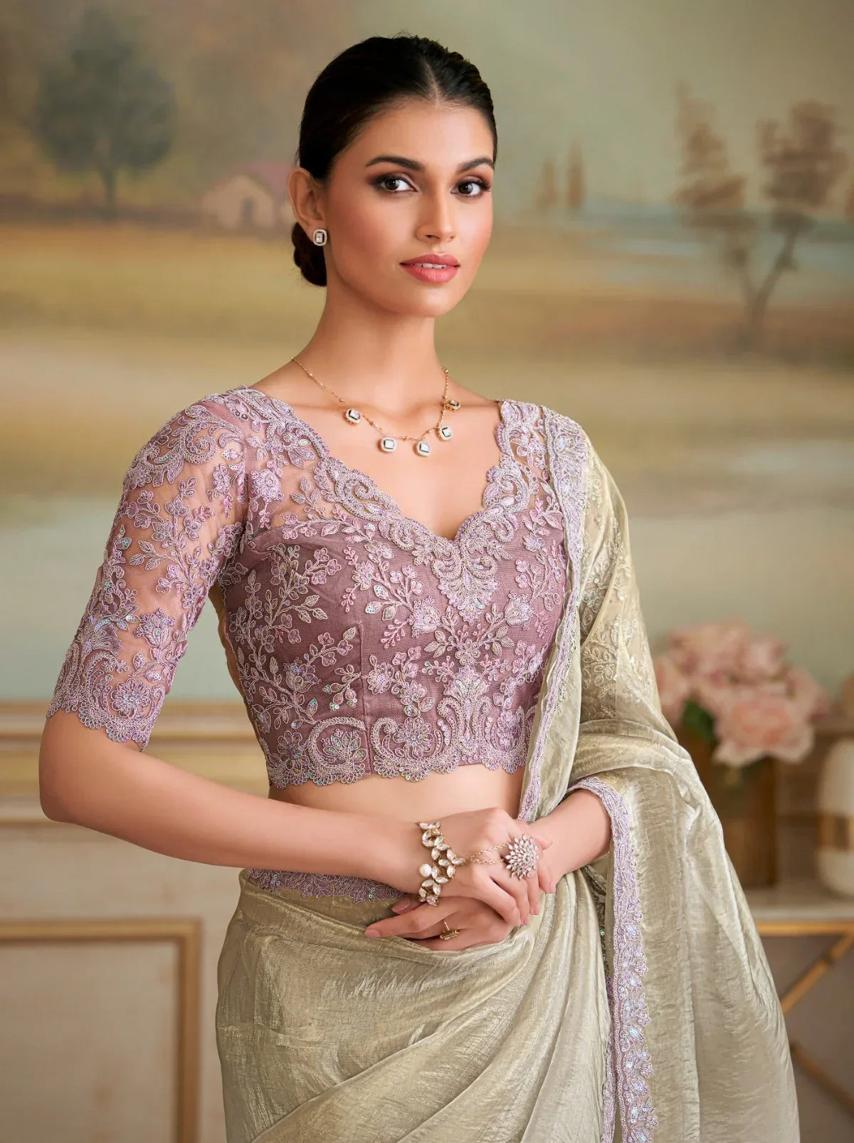 Nayoora Luxe Metallic Silver Tissue Saree with Mauve Designer Blouse - Nayoora