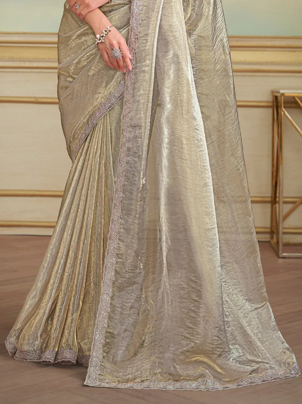 Nayoora Luxe Metallic Silver Tissue Saree with Mauve Designer Blouse - Nayoora