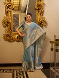 Nayoora Sky Blue Tissue Shimmer Saree with Zari Weaving & Sequins Lace Border