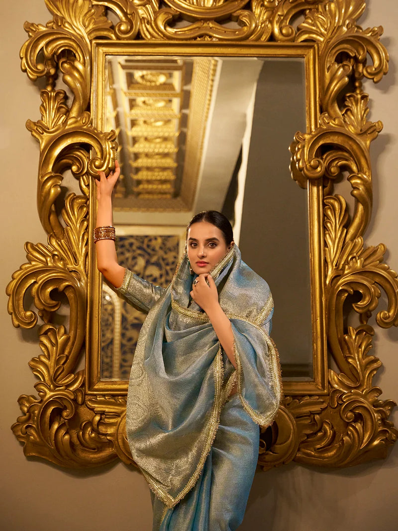 Nayoora Sky Blue Tissue Shimmer Saree with Zari Weaving & Sequins Lace Border