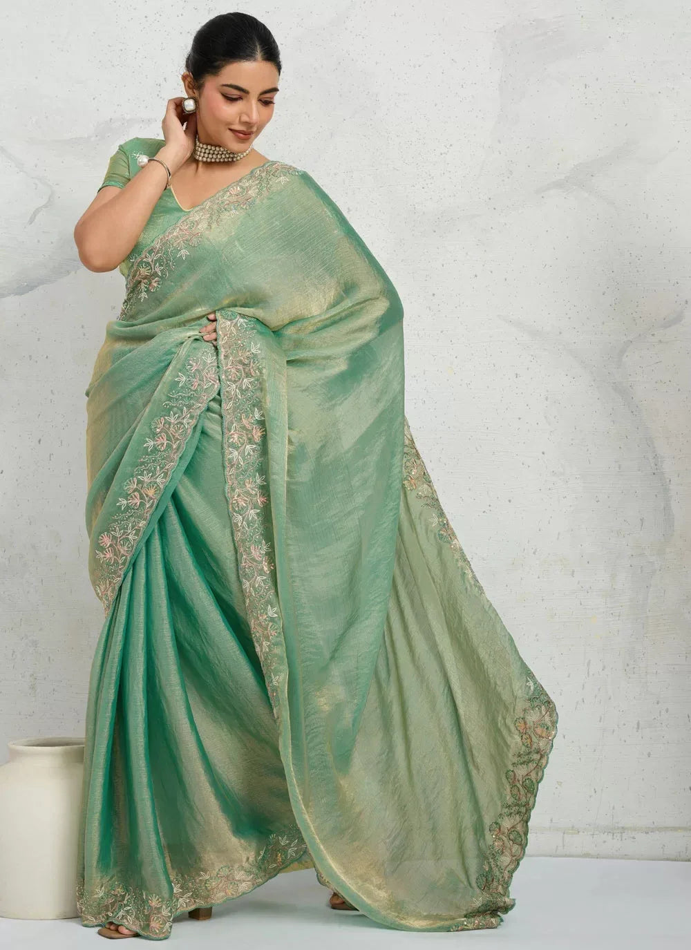 Nayoora Luxe Metallic Sea Green Shimmer Chiffon Saree - Nayoora