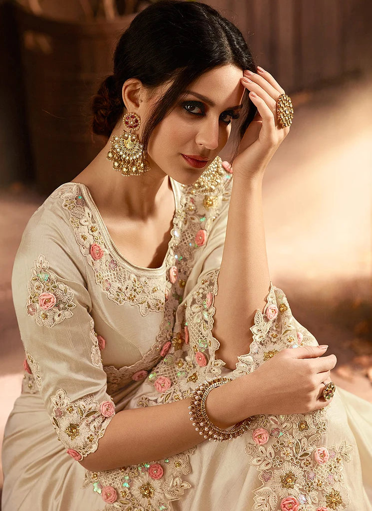 Nayoora Ivory Cream Fancy Saree with Zari Embroidery & Floral Blouse