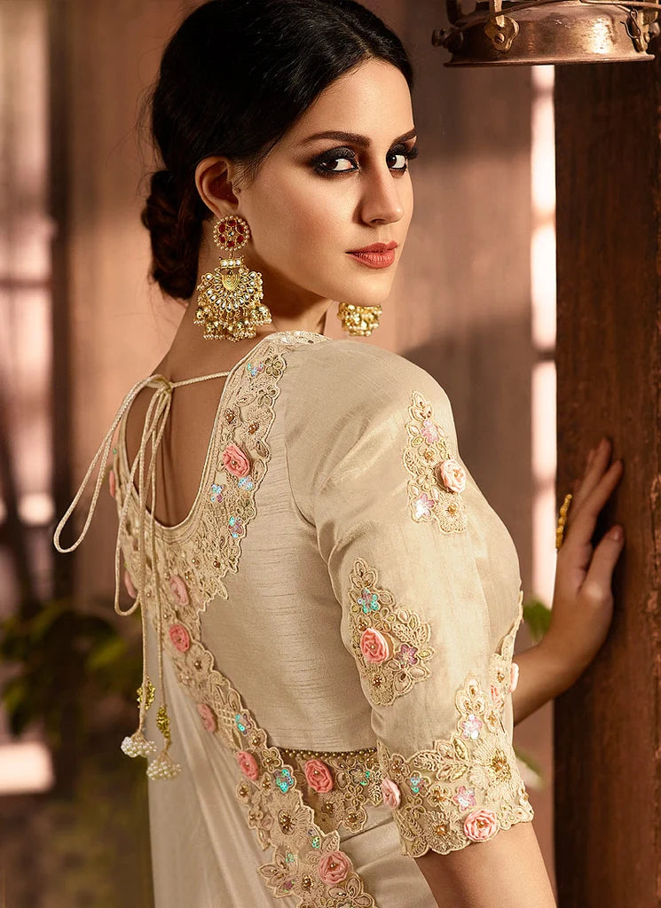 Nayoora Ivory Cream Fancy Saree with Zari Embroidery & Floral Blouse