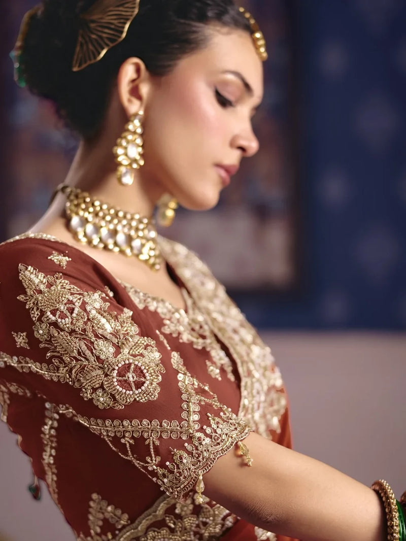 Rust viscose zari tissue embroidered saree