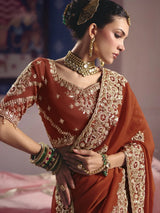 Rust viscose zari tissue embroidered saree