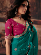 Nayoora Teal Green Fancy Fabric Embroidered Designer Saree