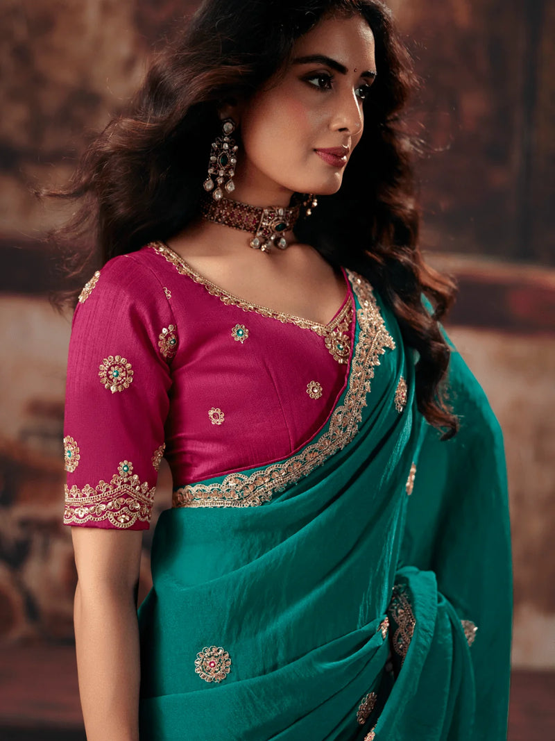 Nayoora Teal Green Fancy Fabric Embroidered Designer Saree