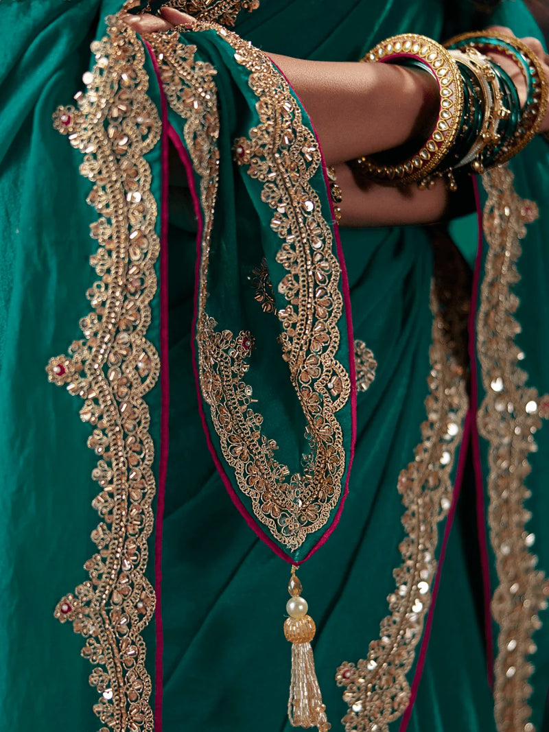 Nayoora Teal Green Fancy Fabric Embroidered Designer Saree