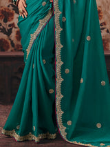 Nayoora Teal Green Fancy Fabric Embroidered Designer Saree
