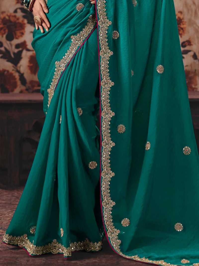 Nayoora Teal Green Fancy Fabric Embroidered Designer Saree