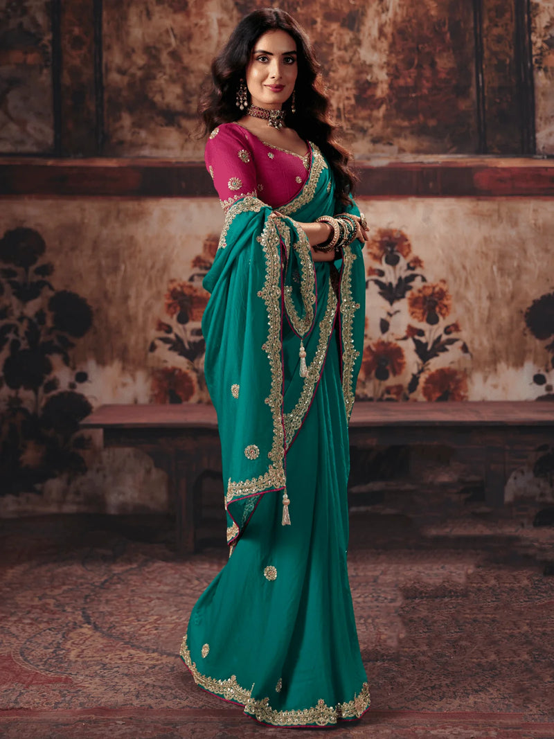 Nayoora Teal Green Fancy Fabric Embroidered Designer Saree