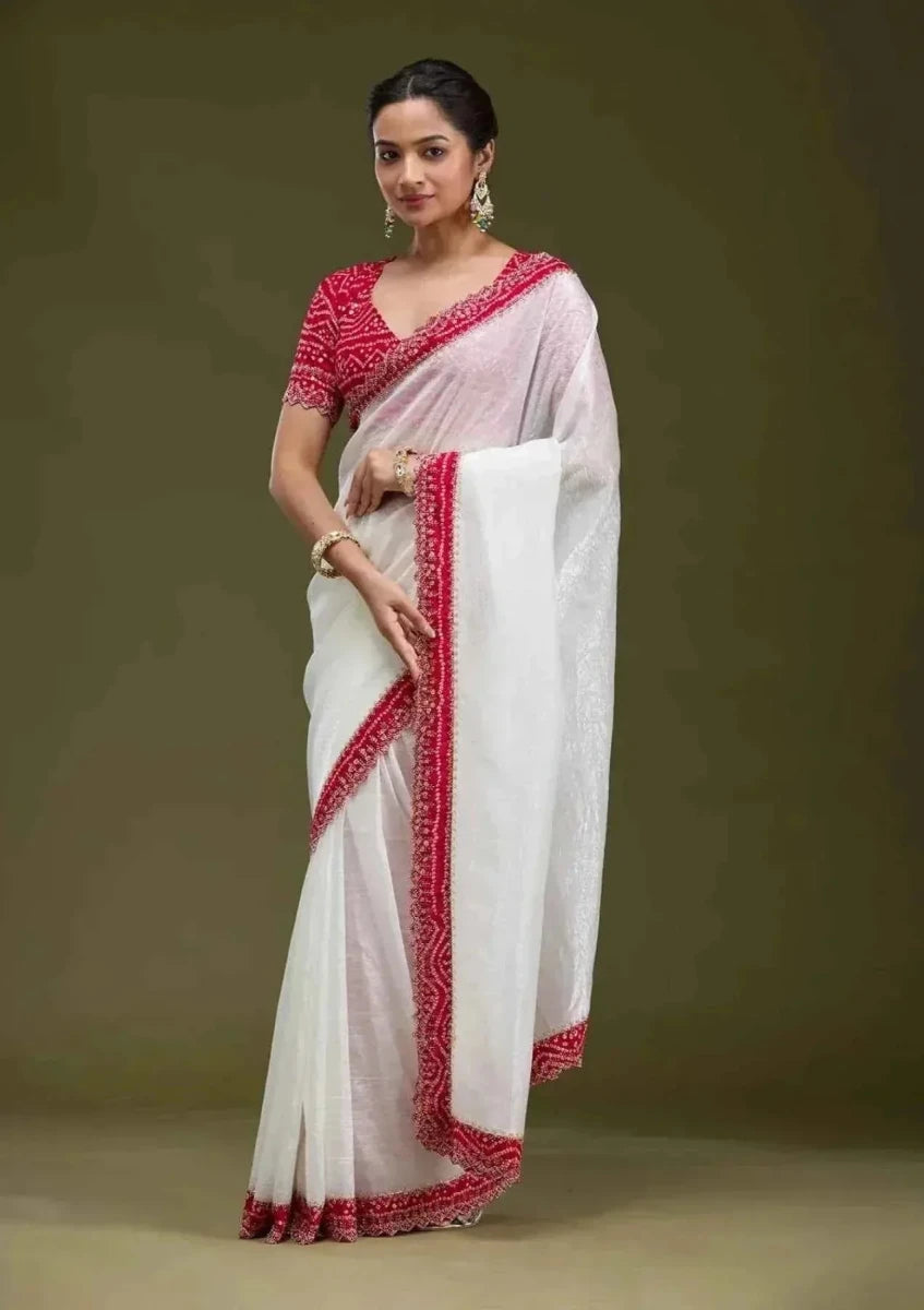 White Tissue Saree with Red Bandhani Blouse - Nayoora