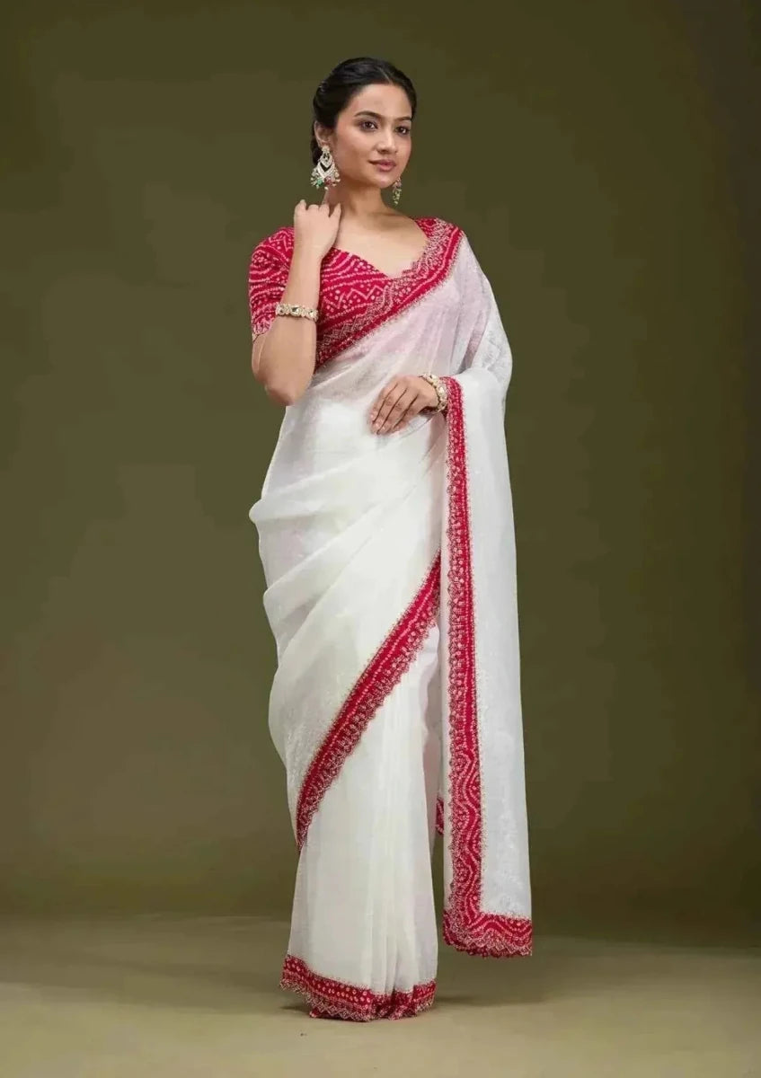 White Tissue Saree with Red Bandhani Blouse - Nayoora