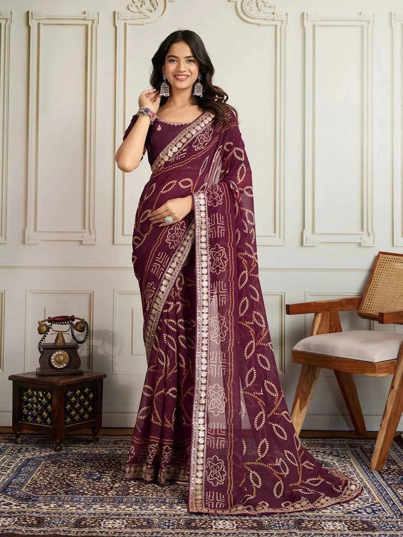 Wine Georgette Bandhani Saree with Embroidered Border - Nayoora
