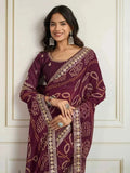 Wine Georgette Bandhani Saree with Embroidered Border - Nayoora