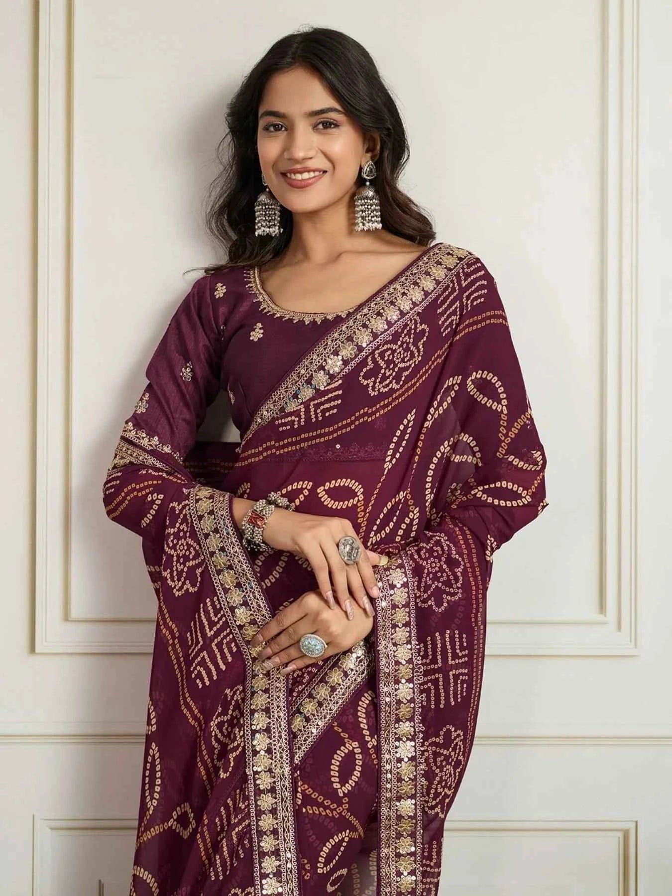 Wine Georgette Bandhani Saree with Embroidered Border - Nayoora