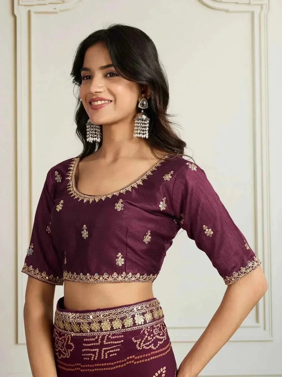 Wine bandhani saree blouse top with short sleeves and small gold motifs