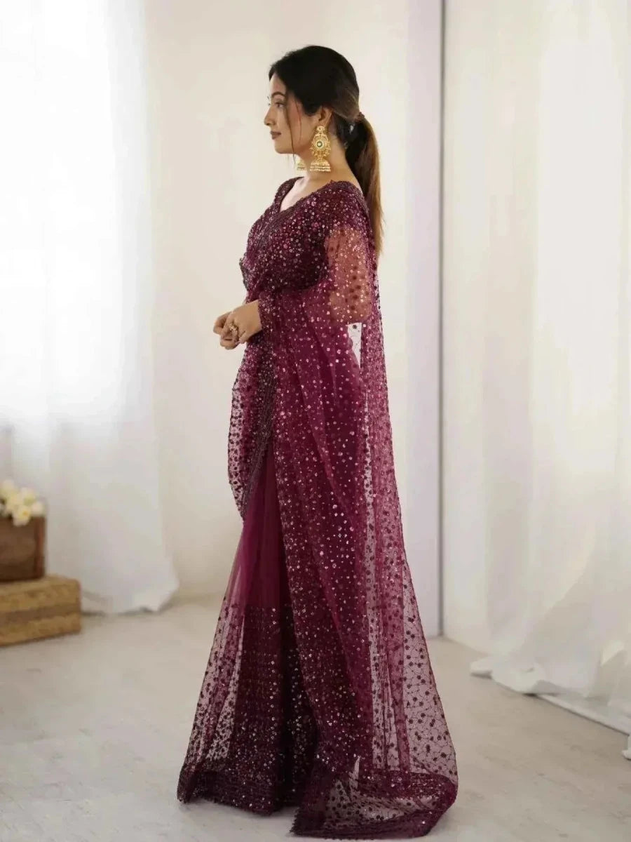 Wine Net Saree – All - Over Sequin & Dori Embroidery - Nayoora