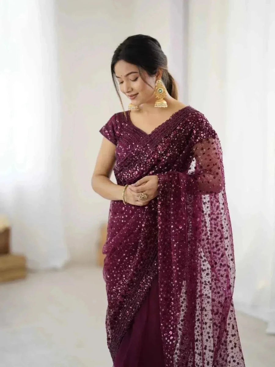 Wine Net Saree – All - Over Sequin & Dori Embroidery - Nayoora