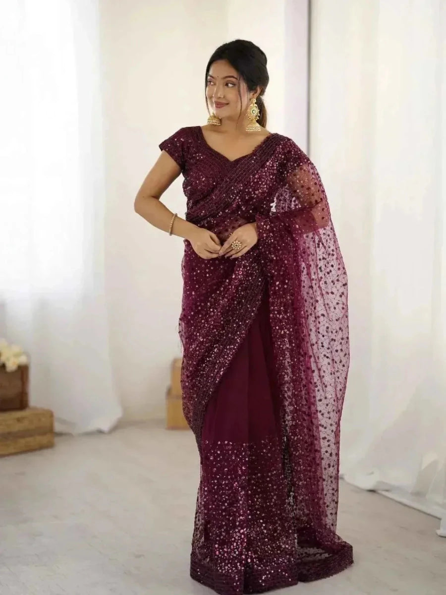 Wine Net Saree – All - Over Sequin & Dori Embroidery - Nayoora