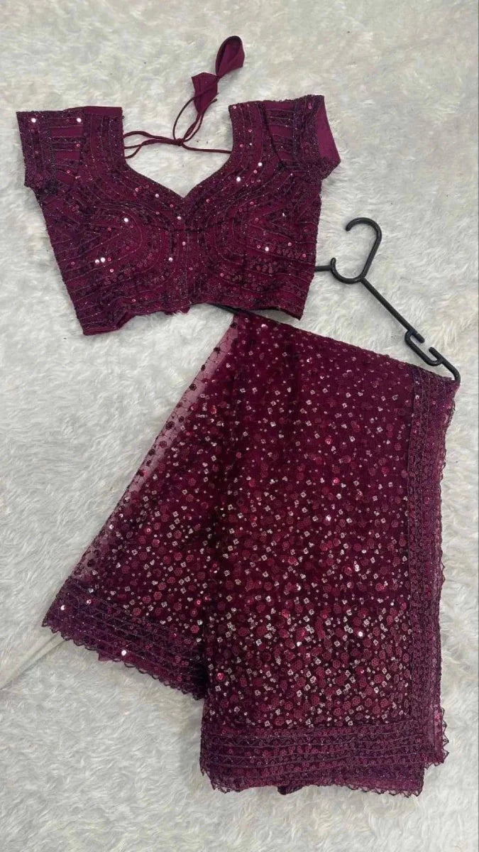 Wine Net Saree – All - Over Sequin & Dori Embroidery - Nayoora
