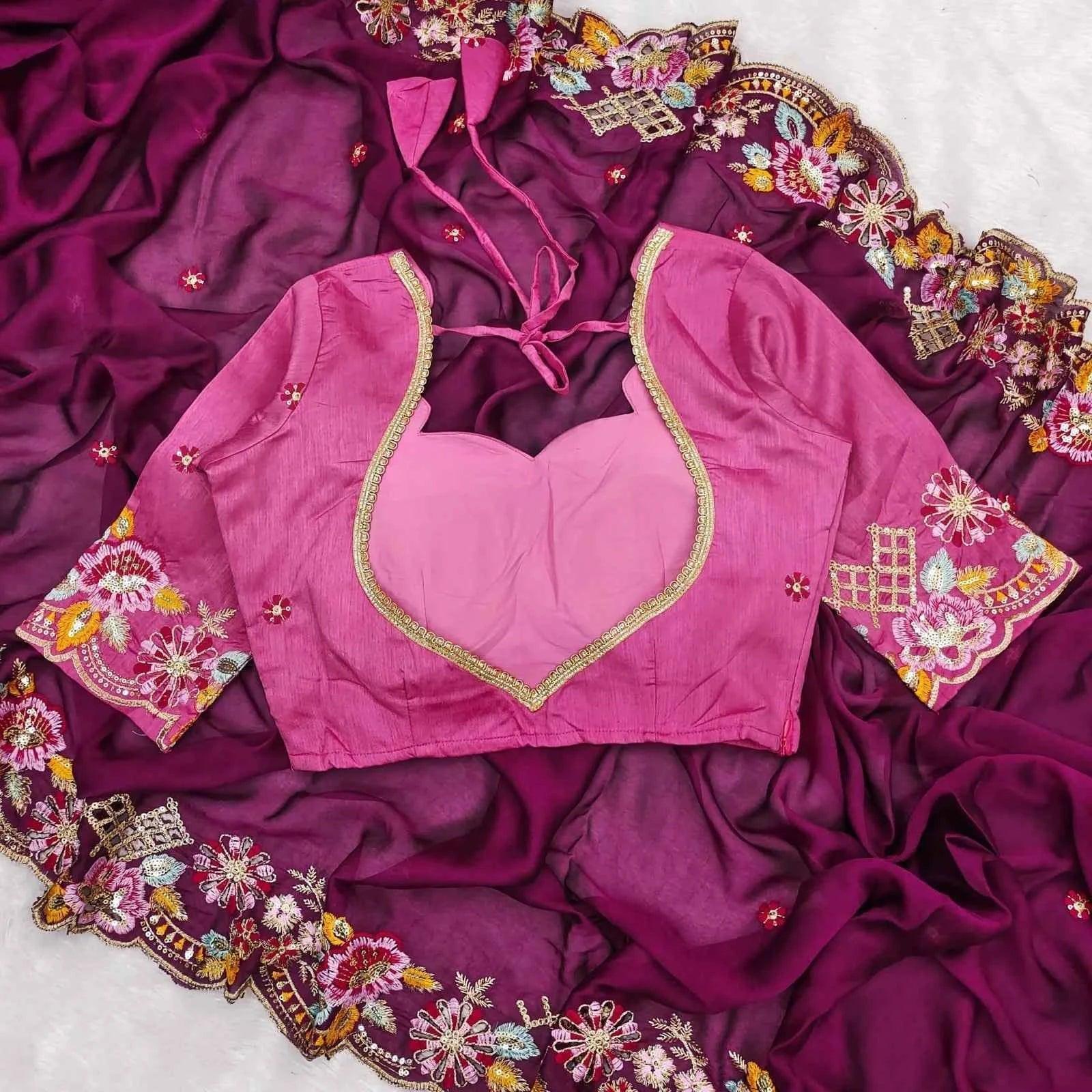 Wine Noha Crush Saree – Sequin & Cutwork Embroidery - Nayoora