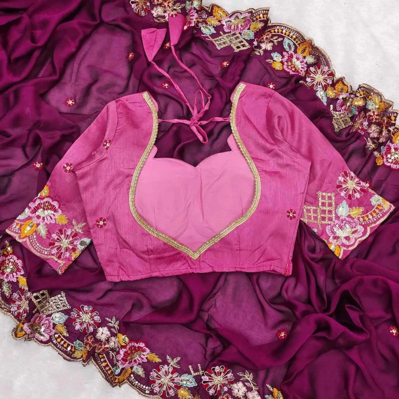 Embroidered blouse with scalloped neckline, wine purple back, and sequin trim